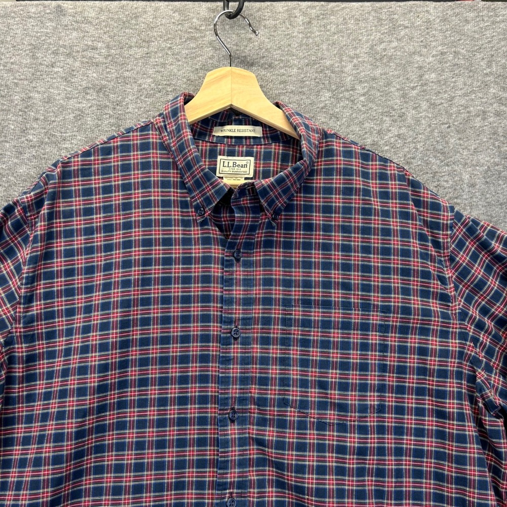 LL Bean Mens XL Plaid Button Down‎ Shirt Navy Red Wrinkle Resistant 281449